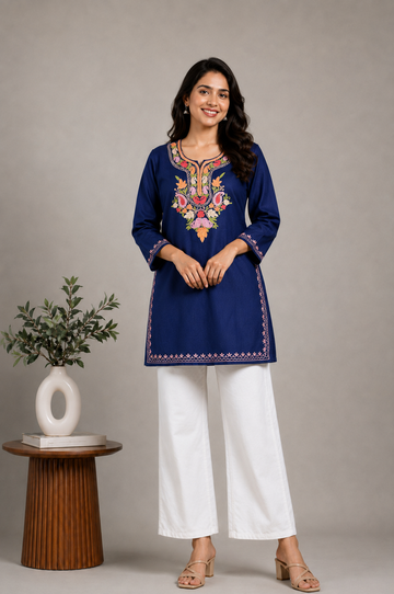 TOK Aari Embroidered Cotton Solid Women's Short Kurta - Blue