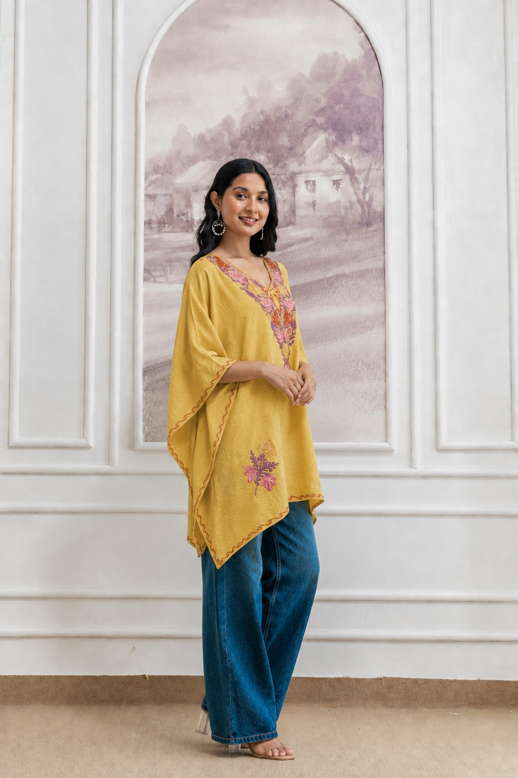 Yellow Color Crush Cotton Kaftan – Multicolor Embroidery | All-Purpose Comfort Ethnic Wear Free Size