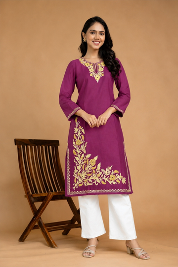 TOK Aari Embroidered Cotton Solid Women's Long Kurta - Purple