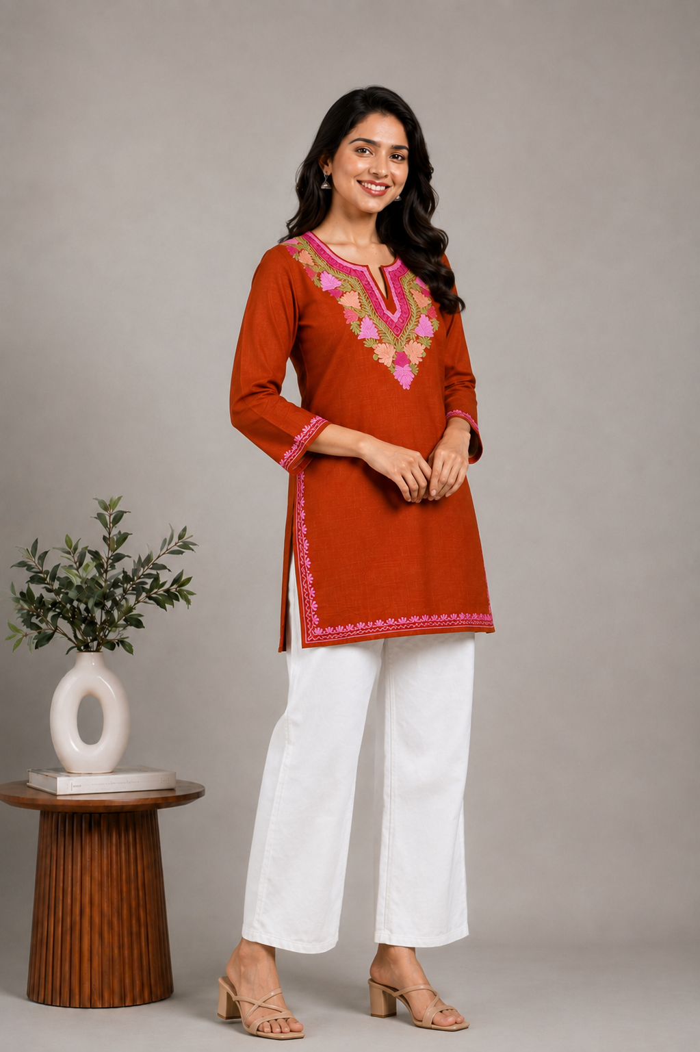 TOK Aari Embroidered Cotton Solid Women's Short Kurta - Rust