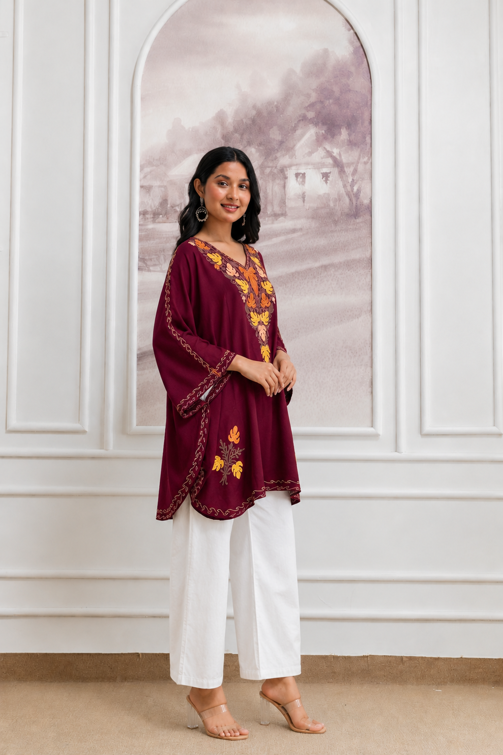Deep Maroon Crush Cotton Kaftan – Multicolor Embroidery | All-Purpose Comfort Ethnic Wear Free Size