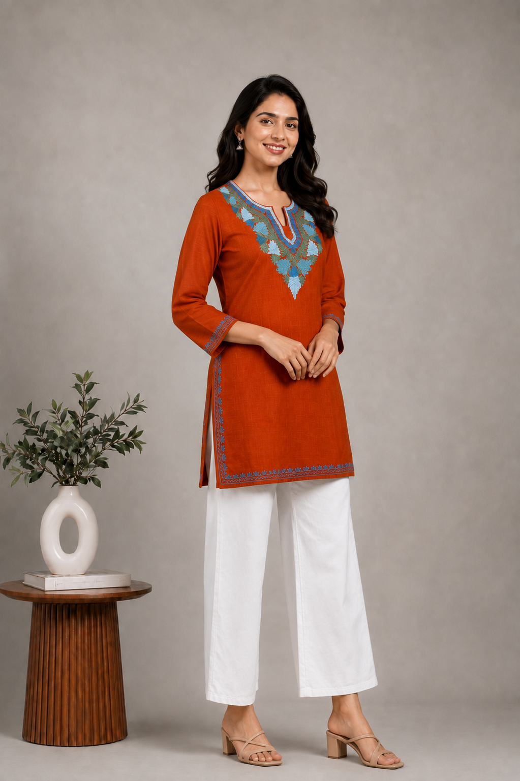 TOK Aari Embroidered Cotton Solid Women's Short Kurta - Rust