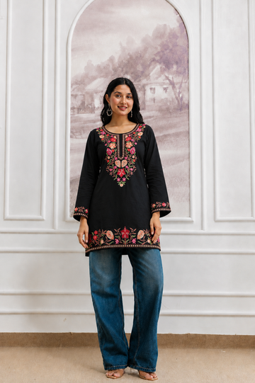TOK Aari Embroidered Cotton Solid Women's Short Kurta - Black