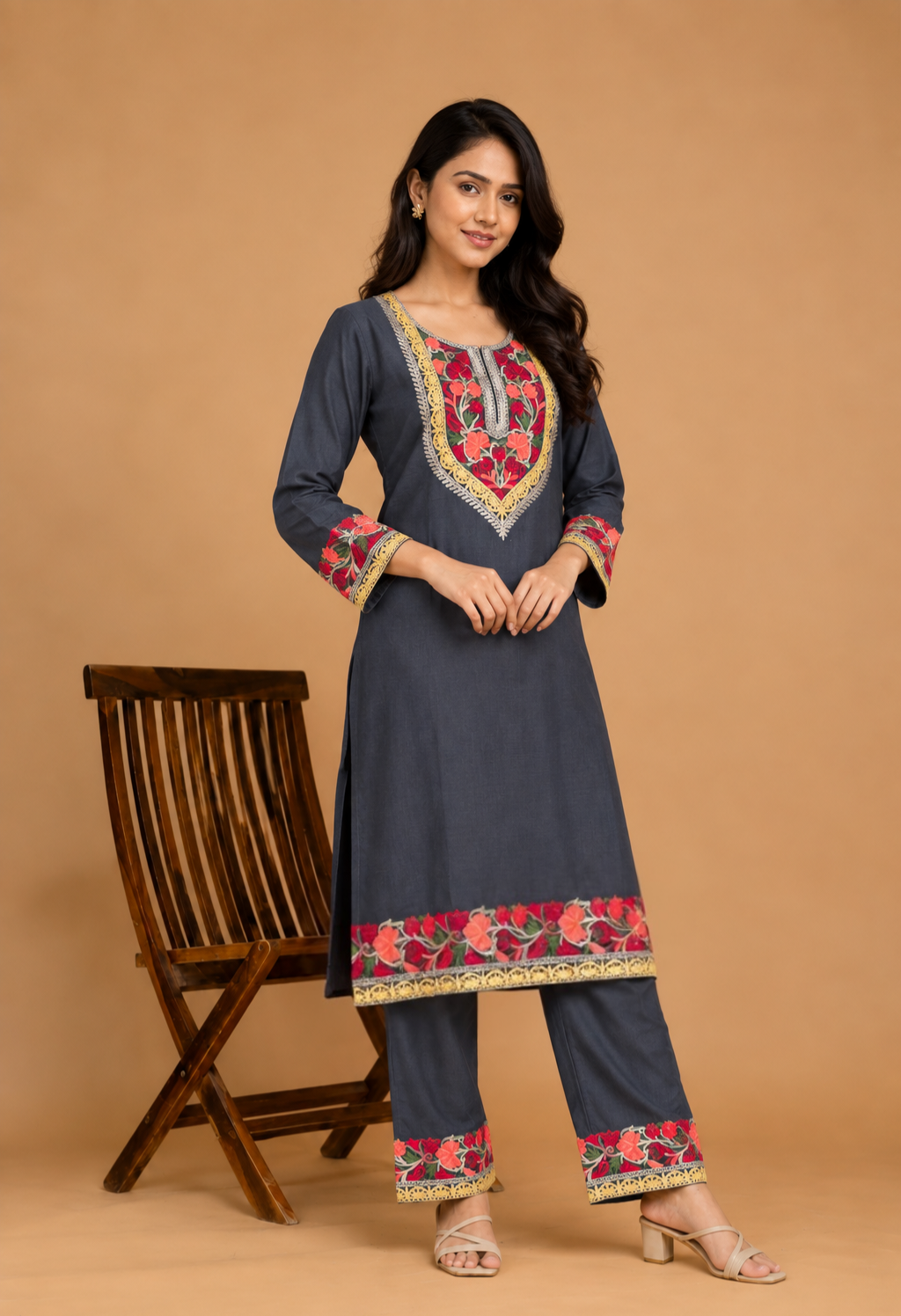 TOK Aari Embroidered Cotton Solid Women's 2PC Co-ord Set - Grey