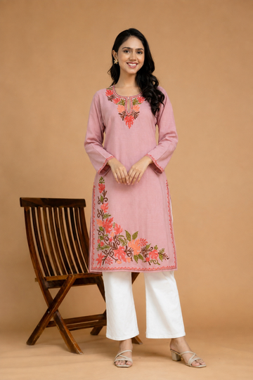 TOK Aari Embroidered Cotton Solid Women's Long Kurta