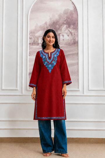 TOK Aari Embroidered Cotton Solid Women's Long Kurta - Maroon