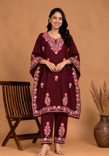 TOK Aari Embroidered Cotton Solid Women's 2PC Kaftan Set - Maroon