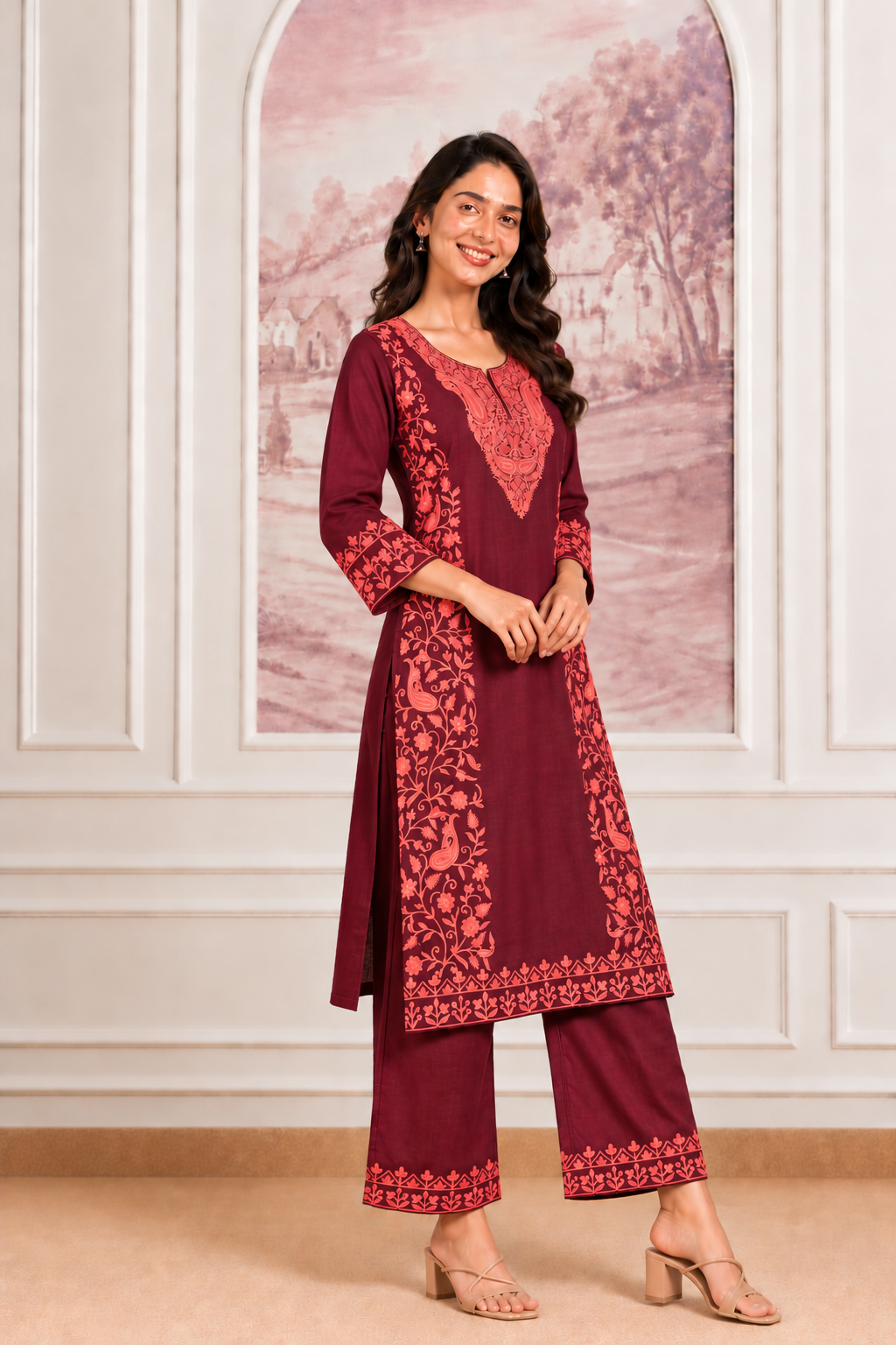 TOK Aari Embroidered Cotton Solid Women's 2PC Co-ord Set - Maroon