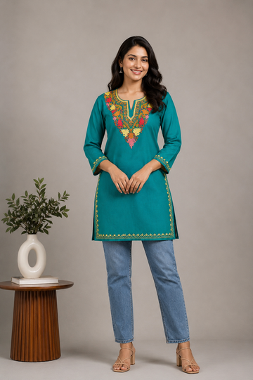 TOK Aari Embroidered Cotton Solid Women's Short Kurta