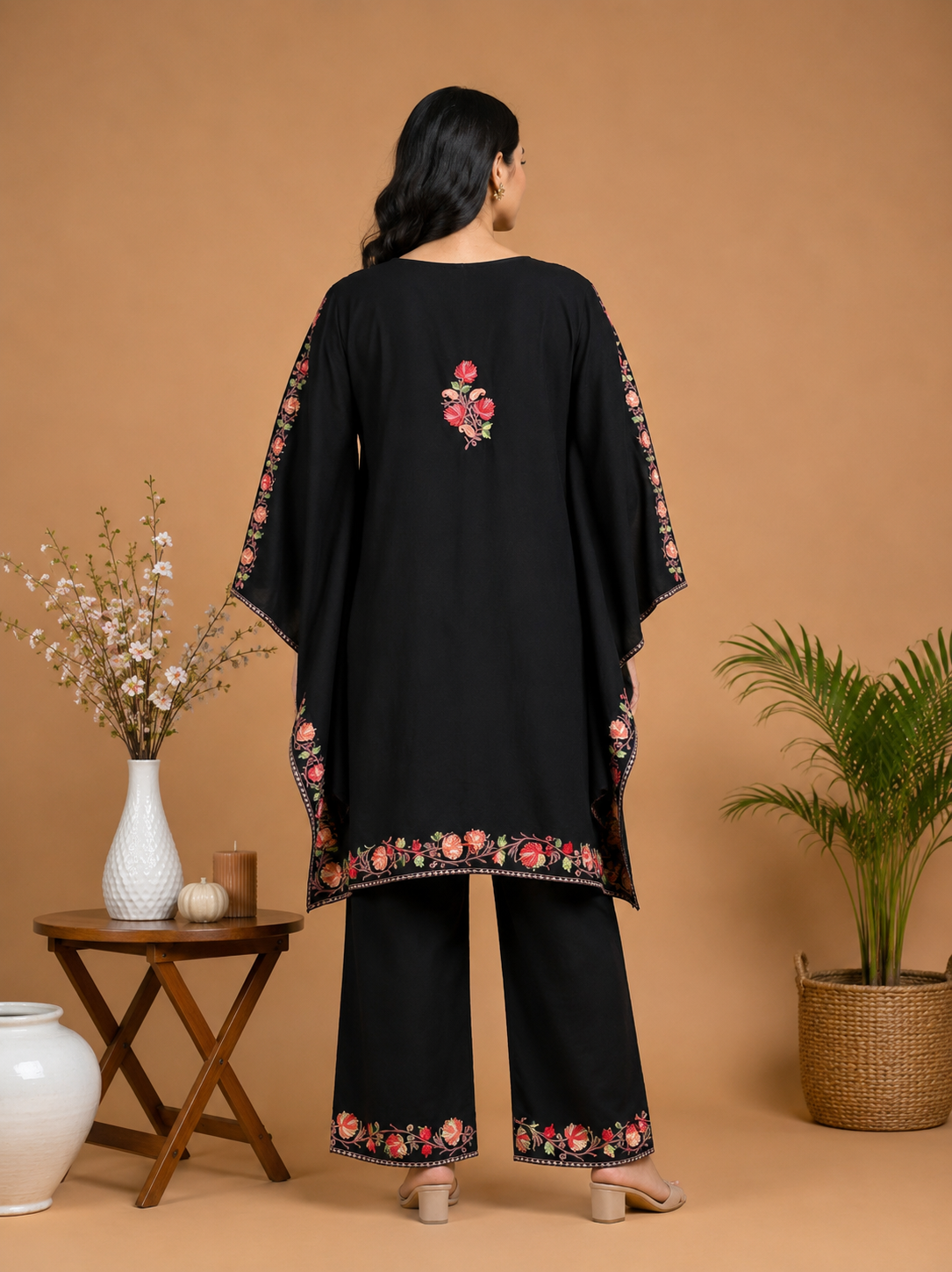 TOK Aari Embroidered Cotton Solid Women's 2PC Kaftan Set - Black