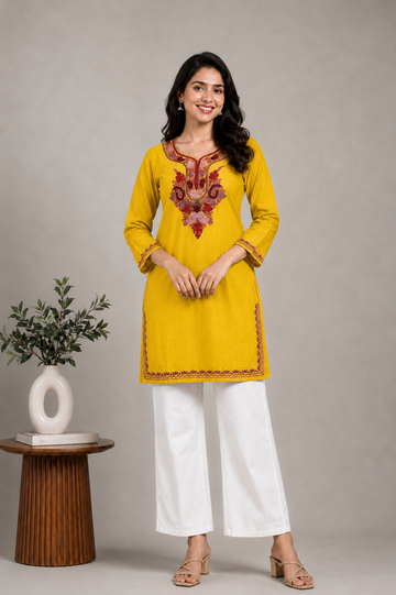 TOK Aari Embroidered Cotton Solid Women's Short Kurta - Yellow