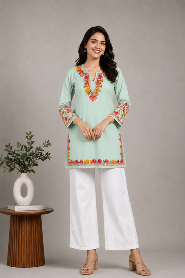 TOK Aari Embroidered Cotton Solid Women's Short Kurta - Light Green
