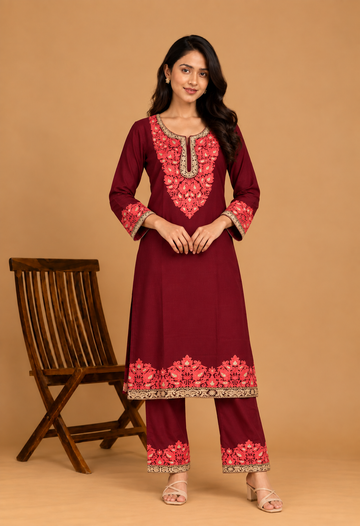 TOK Aari Embroidered Cotton Solid Women's 2PC Co-ord Set - Maroon