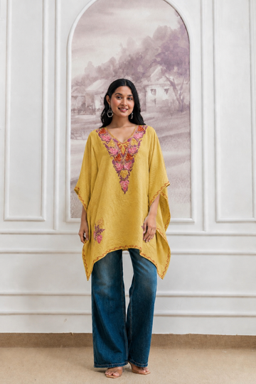 Yellow Color Crush Cotton Kaftan – Multicolor Embroidery | All-Purpose Comfort Ethnic Wear Free Size