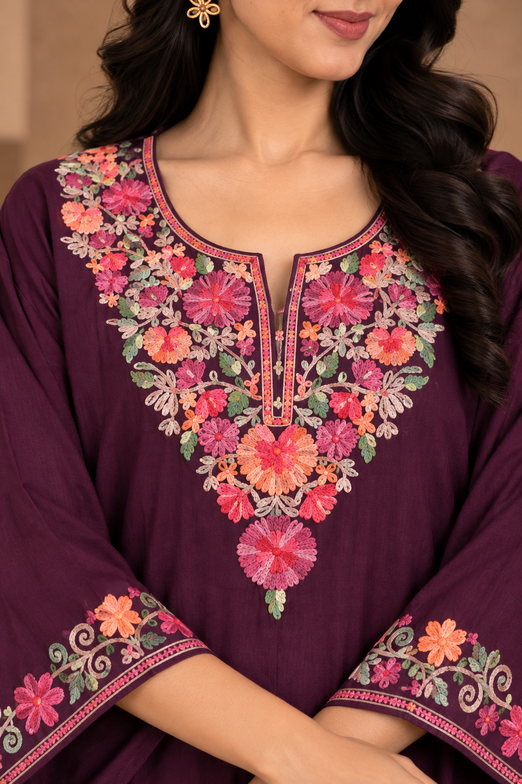 TOK Aari Embroidered Cotton Solid Women's 2PC Kaftan Set - Brown