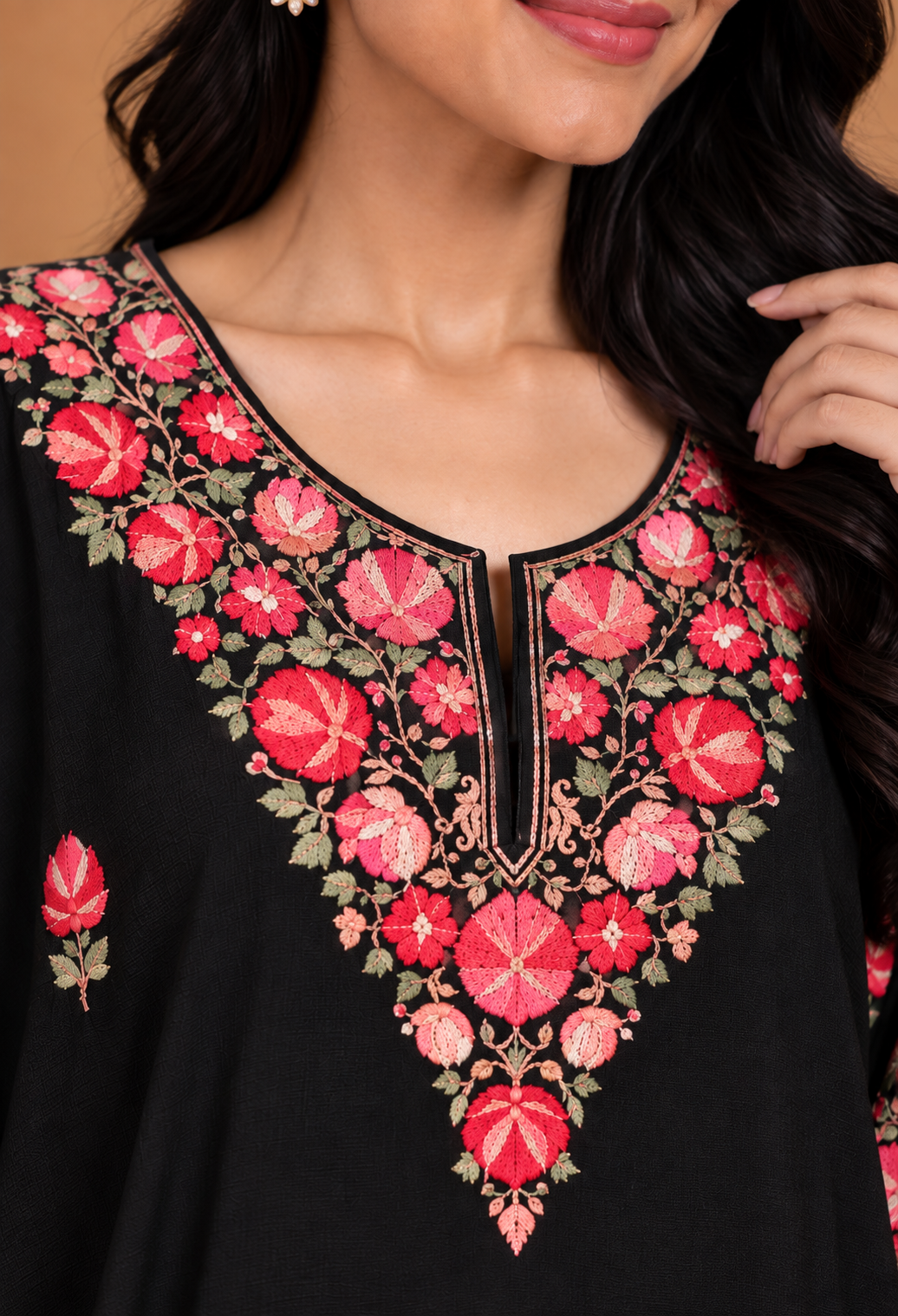 TOK Aari Embroidered Cotton Solid Women's 2PC Kaftan Set - Black