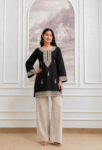 TOK Aari Embroidered Cotton Solid Women's Short Kurta - Black