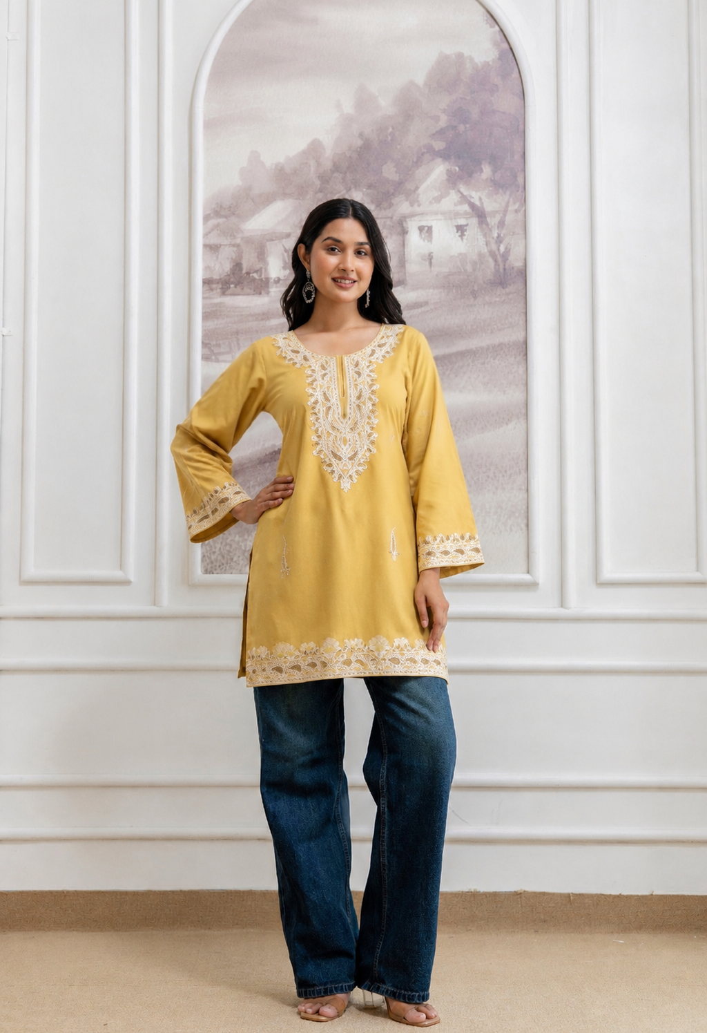TOK Aari Embroidered Cotton Solid Women's Short Kurta - Golden