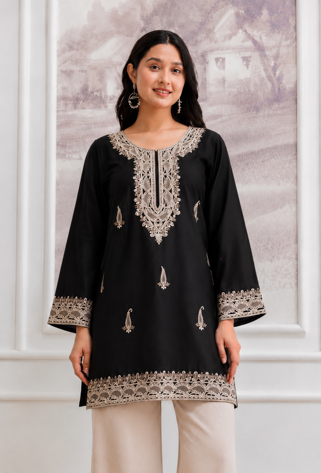 TOK Aari Embroidered Cotton Solid Women's Short Kurta - Black