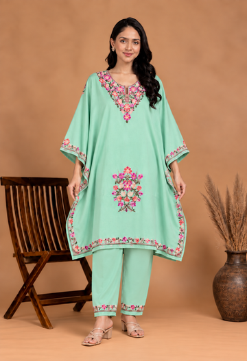 TOK Aari Embroidered Cotton Solid Women's 2PC Kaftan Set - Pista Green