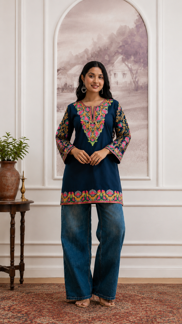 TOK Aari Embroidered Cotton Solid Women's Short Kurta - Deep Blue