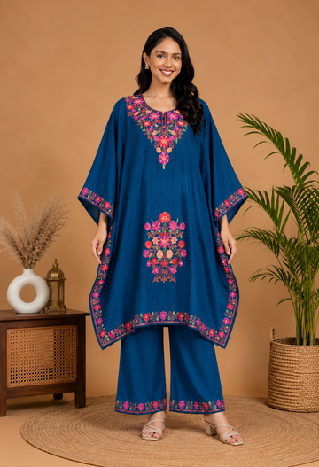 TOK Aari Embroidered Cotton Solid Women's 2PC Kaftan Set - Royal Blue
