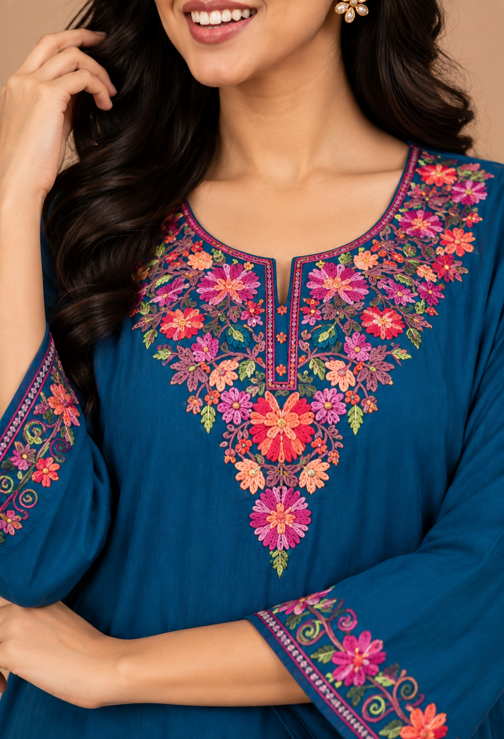 TOK Aari Embroidered Cotton Solid Women's 2PC Kaftan Set - Royal Blue