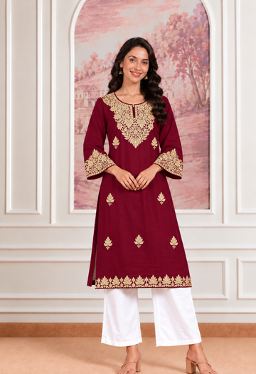 TOK Golden Tilla (ZARI) Embroidered Cotton Solid Women's Long Kurta - Maroon