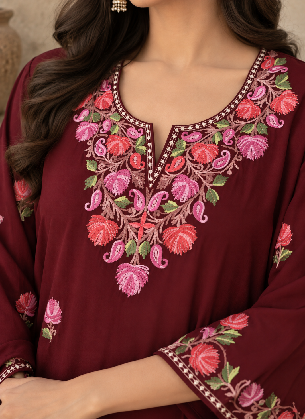 TOK Aari Embroidered Cotton Solid Women's 2PC Kaftan Set - Maroon