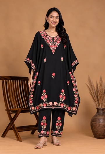 TOK Aari Embroidered Cotton Solid Women's 2PC Kaftan Set - Black
