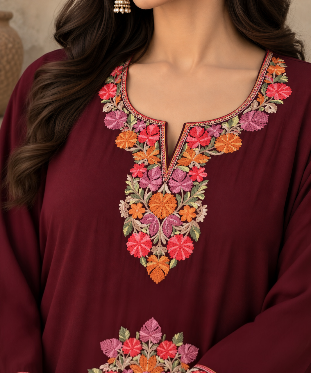 TOK Aari Embroidered Cotton Solid Women's 2PC Kaftan Set - Brown
