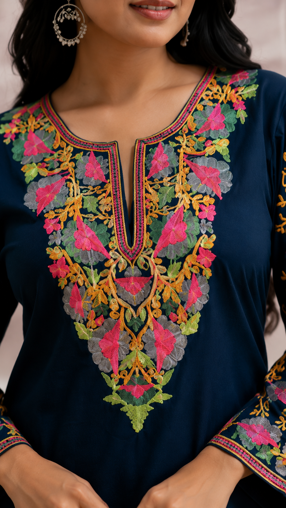 TOK Aari Embroidered Cotton Solid Women's Short Kurta - Deep Blue