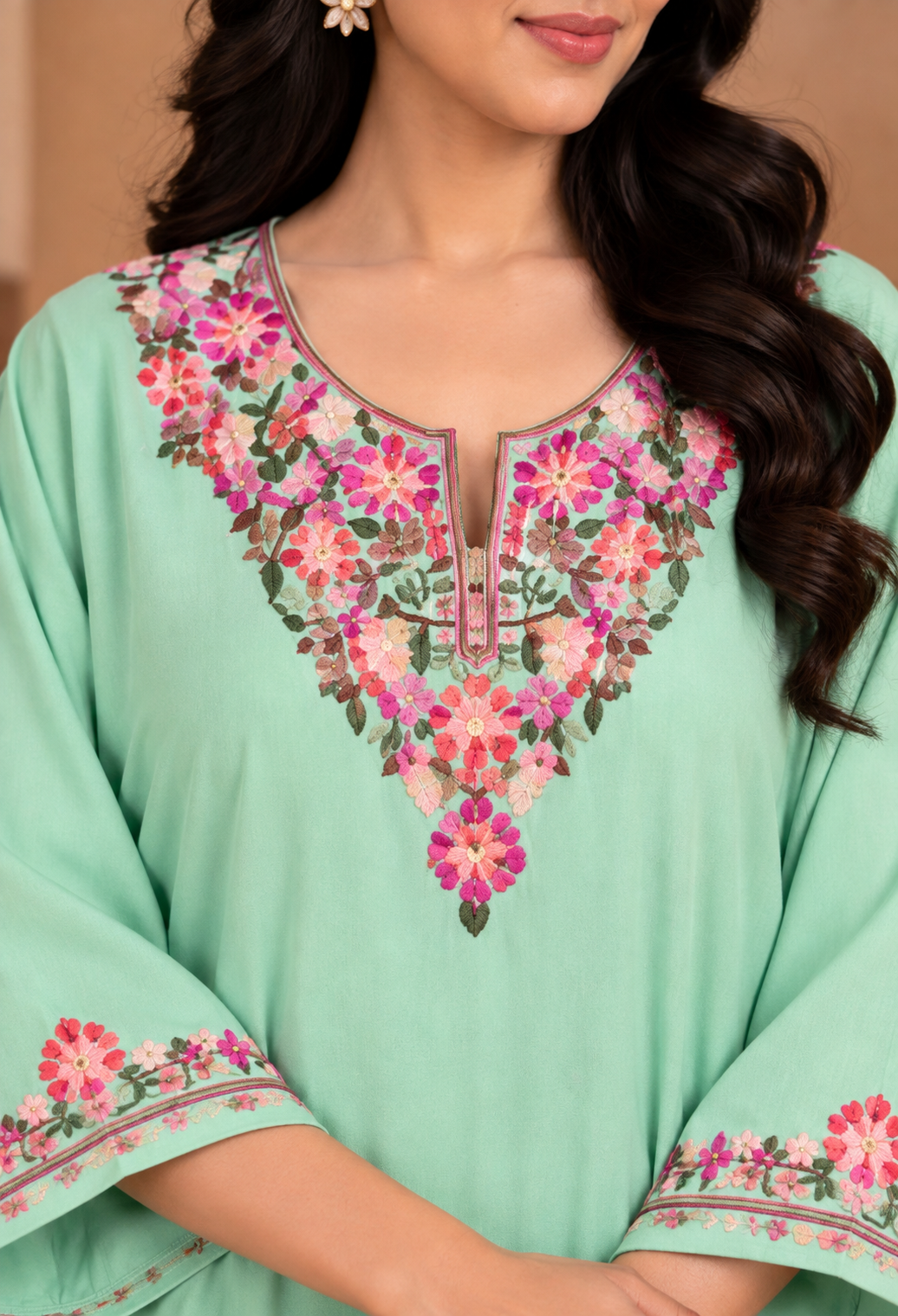 TOK Aari Embroidered Cotton Solid Women's 2PC Kaftan Set - Pista Green