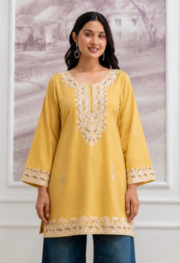 TOK Aari Embroidered Cotton Solid Women's Short Kurta - Golden