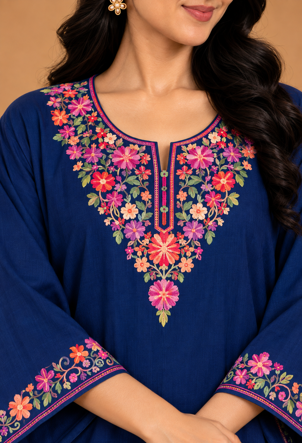 TOK Aari Embroidered Cotton Solid Women's 2PC Kaftan Set - Navy Blue